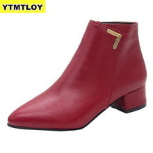 Load image into Gallery viewer, Fashion Women Boots Casual Leather Low High Heels Spring Shoes Woman Pointed Toe Rubber Ankle Boots Black Red Zapatos Mujer