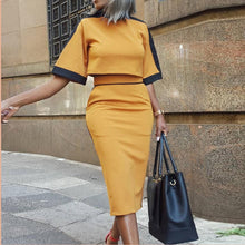 Load image into Gallery viewer, Women Two Piece Matching Sets Print Short Sleeve Top T-Shirt &amp; Striped Midi Skirt Sets Pockets Casual Suits