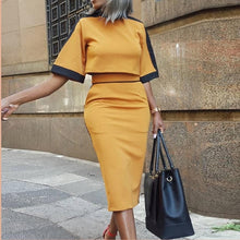 Load image into Gallery viewer, Women Two Piece Matching Sets Print Short Sleeve Top T-Shirt &amp; Striped Midi Skirt Sets Pockets Casual Suits