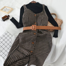 Load image into Gallery viewer, Mooirue Winter 2 Piece Set Women With Sashes Vintage Streetwear Black Slim Turtleneck Pullovers+Plaid Strap High Waist Dress Set