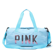 Load image into Gallery viewer, 2019 Newest Design Sequins PINK Letters Gym Fitness Sports Bag Shoulder Crossbody Bag Women Men Tote Handbag Travel Duffel Bolsa
