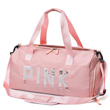Load image into Gallery viewer, 2019 Newest Design Sequins PINK Letters Gym Fitness Sports Bag Shoulder Crossbody Bag Women Men Tote Handbag Travel Duffel Bolsa